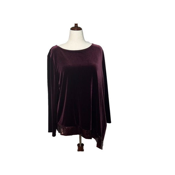 Chicos Travelers Top XXL 4 Purple Velvet Sequin Trim Asymmetrical Hem Blouse NWT - Picture 2 of 12